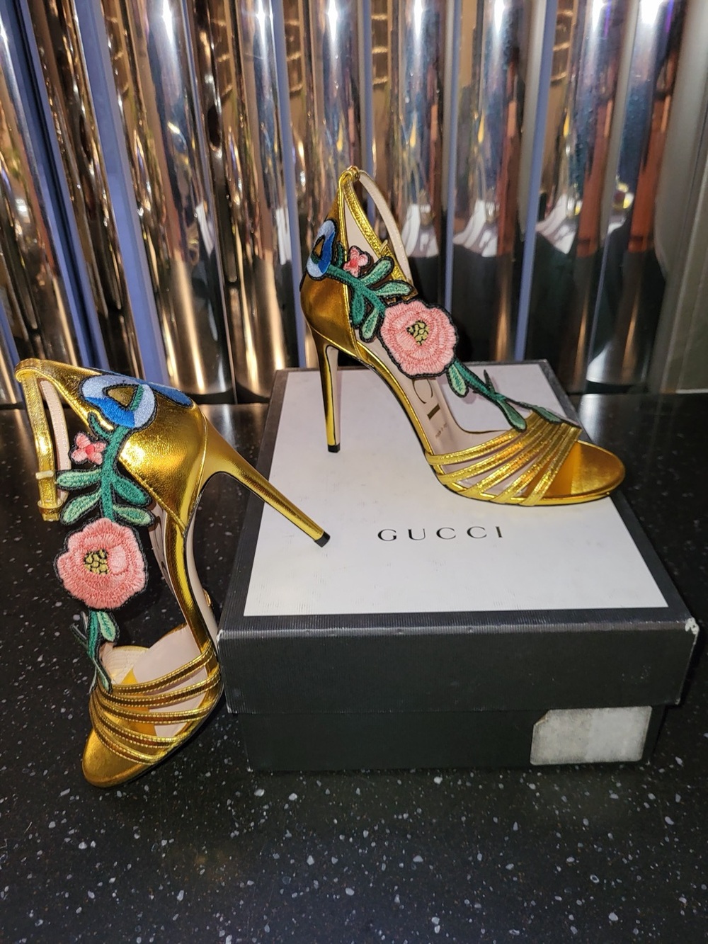 Gucci Metallic Gold Floral Appliqué Stiletto Sandals